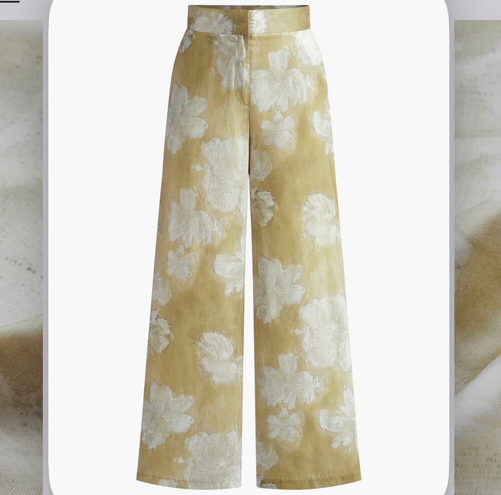 Commense Wide Leg Pants Size S Yellow Floral Print Semi-Sheer Romance Dressy